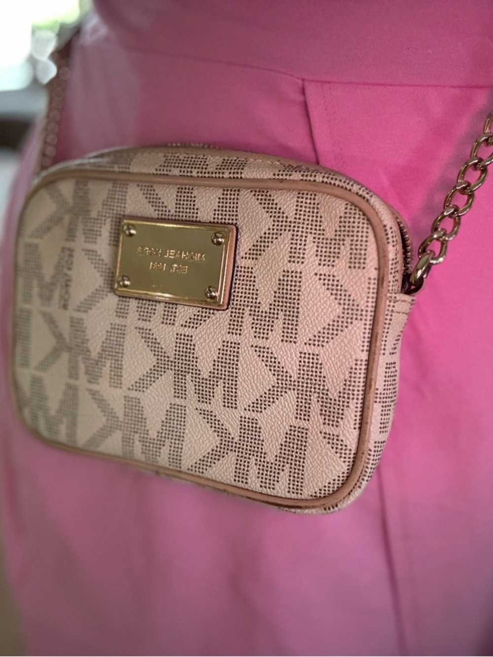 Michael Kors Embossed MK Logo Crossbody in Cream and Tan - Picture 8 of 14